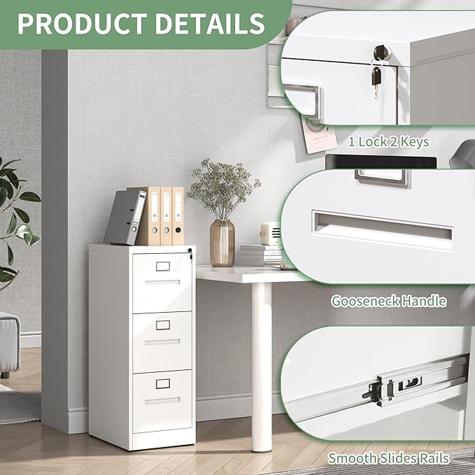 AQY 3 Drawer File Cabinet with Lock,Filing Cabinets for Home Office,Metal File Cabinet 18" Deep Vertical Storage Drawer for Hanging A4/F4/Letter/Legal Size Files, Assembly Require