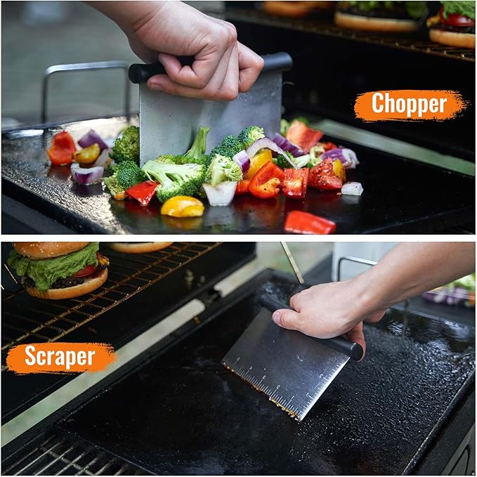 HULISEN Griddle Accessories Kit (5 Pieces), 6 x 5 Inch Stainless Steel Spatula with Cutting Edges, 2 Squeeze Bottles, Chopper/Scraper, Essential Flat Top Grill Accessories for Cooking Indoor/Outdoor