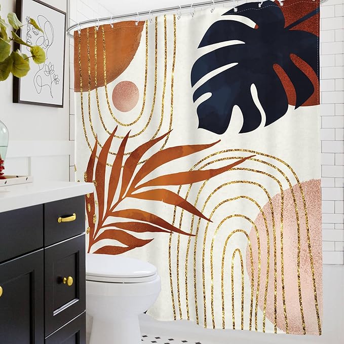 Glawry Boho Navy Brown Shower Curtain Modern Mid Century Abstract Tropical Palm Leaf Bathroom Minimalist Geometric Arch 60Wx72L Inches Bath Accessories Art Home Decor Fabric 12 Pack Hooks