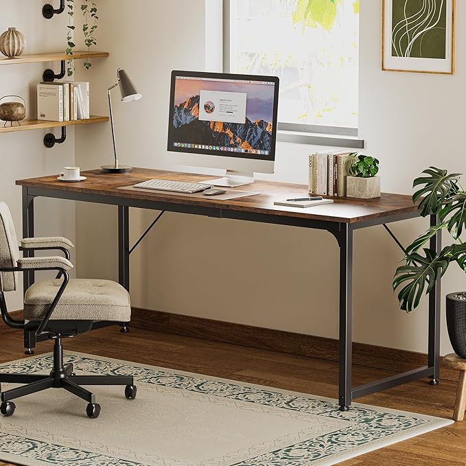 Huuger Computer Desk, 70 Inch Office Desk, Gaming Desk with Storage, Writing Desk Work Desk for Home Office, Study, Long Simple Desk, Large Legroom, Metal Frame, Rustic Brown