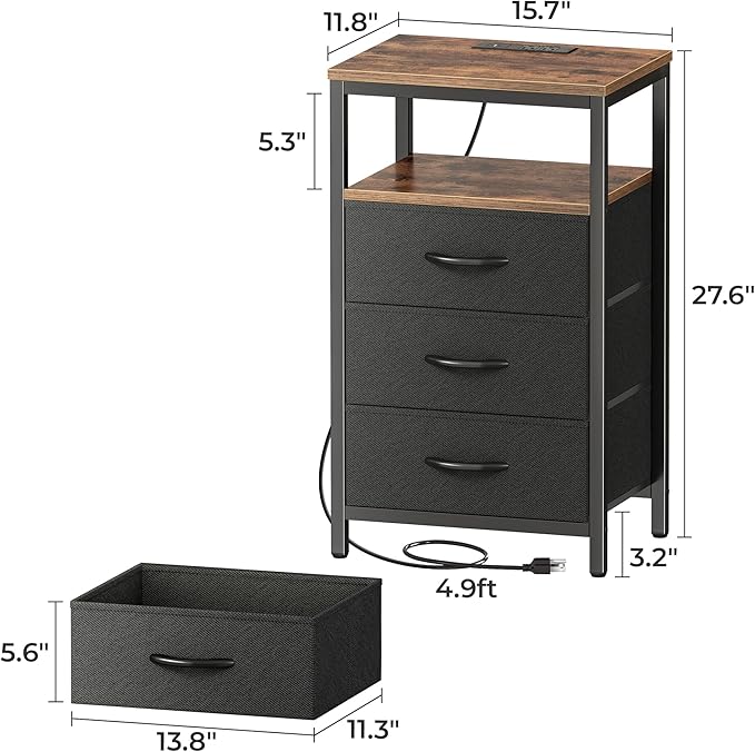 Huuger Nightstands Set of 2, 27.6 Inch End Tables with Charging Station, Fabric Drawers, Bedside Tables with USB-C Port and Outlet, Night Stands for Bedroom, Rustic Brown and Black