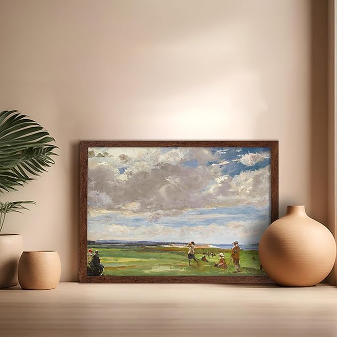 Poster Master Vintage Lady Astor Playing Golf at North Berwick Painting Poster - Retro Golf Course Print - Golf Art - Sports Art - Landscape Art - Office or Living Room Decor, 16x20 Brown Framed