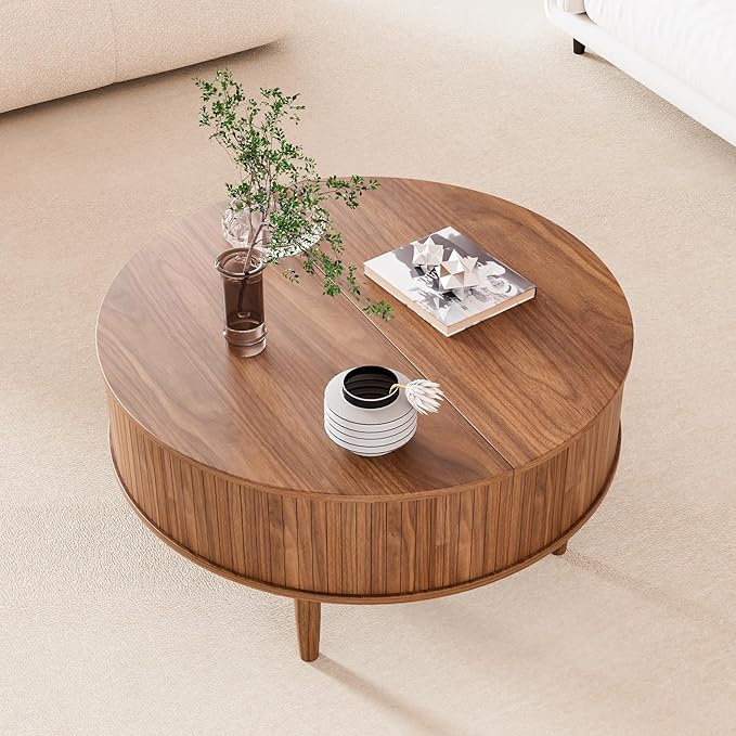 Round Fluted Lift Top Coffee Table with Storage, Mid Century Modern Coffee Table for Living Room, Home Small Space,31.5" Fluted Center Table (Brown, 31.5inch)