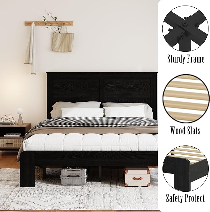 Wooden Bed Frame Queen Size with Headboard, Farmhouse Platform Bedframe with Wood Slat Support, Sturdy Framework Bed Frame, Easy Assembly (Rustic Black)