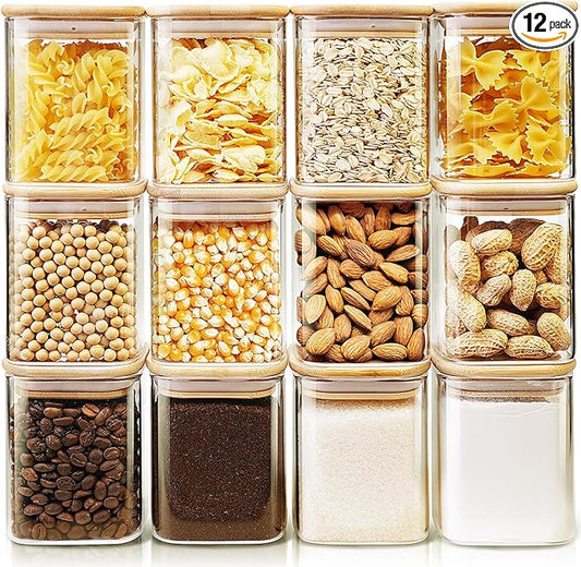 Square Glass Jars with Bamboo Lids 17 FL OZ [Set of 12], Glass Canisters with Airtight Lids, Glass Food Storage Containers for Spice, Sugar, Tea, Candies, Cookies, Best for Kitchen & Pantry