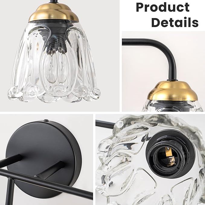 3-Light Black and Gold Bathroom Vanity Light, Thickened Glass Shade Wall Sconce, E12 Base Vanity Lighting Fixture for Mirror Cabinet Makeup Dressing Table