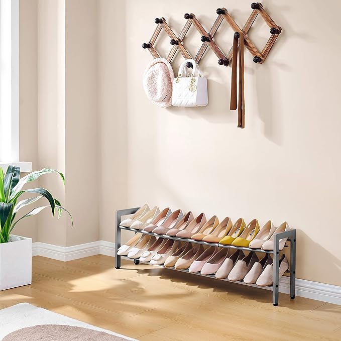 FAVOOSTY 2-Tier Expandable Shoe Rack, Adjustable Shoe Shelf Storage Organizer Space Saving Metal Free Standing Shoe Rack for Entryway Closet Doorway, Silver Grey