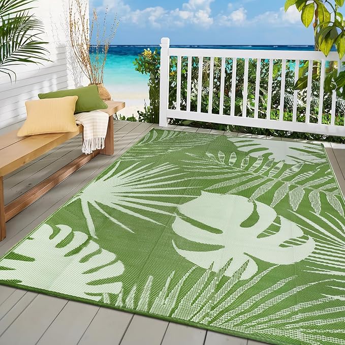 Waterproof Outdoor Rug 6x9 ft, Reversible Plastic Straw Mat with Leaf Pattern, Large Floor Mat for Patio, Camping, Picnic, Backyard RV, Deck, Light Green