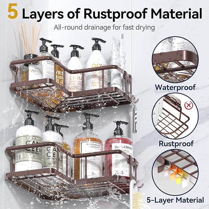 YASONIC Corner Shower Caddy Organizer, 3-Pack Self-Adhesive Rustproof Bath Shelves with Soap Holder & 4 Hooks, Large Capacity Shower Storage Rack for Bathroom Organization - Bronze