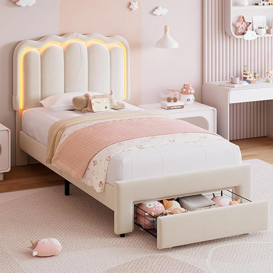 Twin Upholstered LED Bed Frame with Storage Drawer and Adjustable Chic Double Wavy Headboard, Velvet Princess Platform Bed for Kids/Girls, Solid Wood Slats Support, No Box Spring Needed, Beige