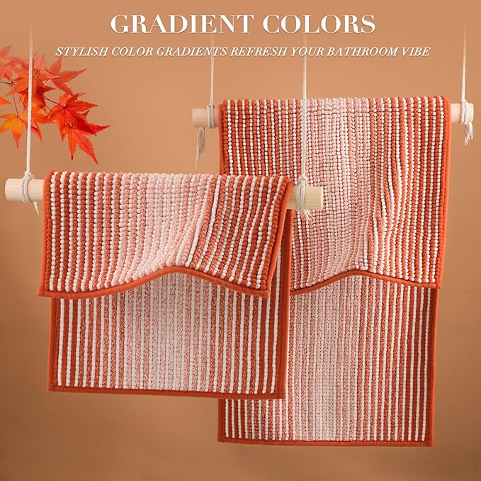 Bathroom Rugs and Mats Sets, 2 Piece Thick Absorbent Chenille Bath Mat Rug Set Non Slip, Soft Shaggy Bath Room Floor Mats for Bathroom, Machine Washable (Sunset Orange, 20" x 32" Plus 16" x 24")