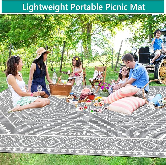 Waterproof Outdoor Rug 9x12 ft, Reversible Plastic Straw Mat, Large Floor Mat for Patio, Camping, Picnic, Backyard RV, Deck, Grey