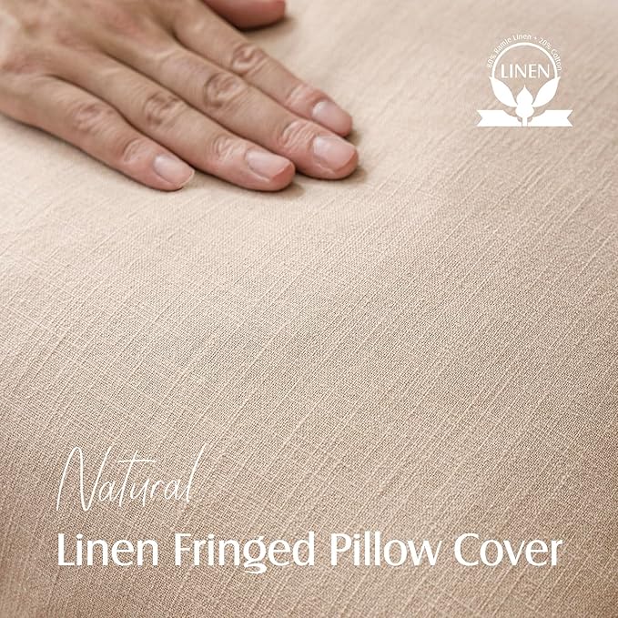 Foindtower Set of 2 Decorative Linen Fringe Throw Pillow Covers Boho Farmhouse Cushion Cover with Tassels Soft Accent Pillowcase for Couch Chair Sofa Bed Living Room Home Decor,18×18 Inch,Tan Beige