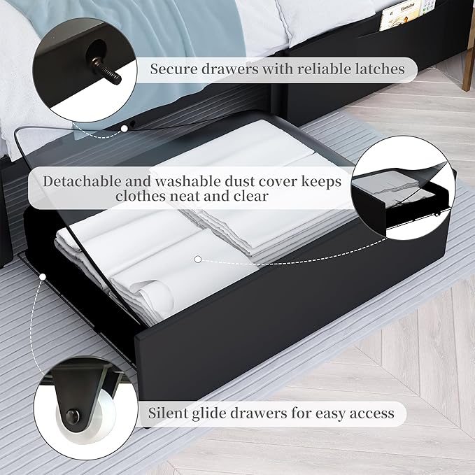 King Led Bed Frame with 2 Drawers, Modern Heavy Duty Upholstered Platform King Size Bed Frames with Crystal Button Tufted Headboard, Solid Slats, Noise Free, No Box Spring Needed, PU Black