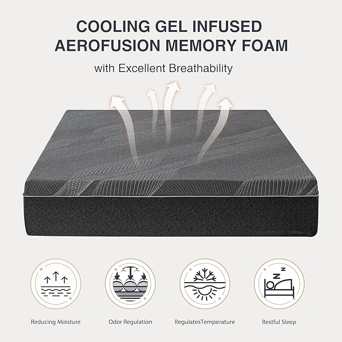 Queen Mattress 12 Inch Charcoal Memory Foam in a Box, CertiPUR-US Certified, Fiberglass Free, Gel Double Mattress, Made in The USA of US Foam, 80" × 60" × 12", Medium