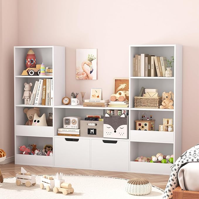 Toy Organizer and Nursery Bookshelf, 4-Tier Wooden Kids Bookcase with Storage Bins, Playroom Storage Rack for Toys and Books, Toy Storage Organizer for Playroom, Nursery, Classroom, White