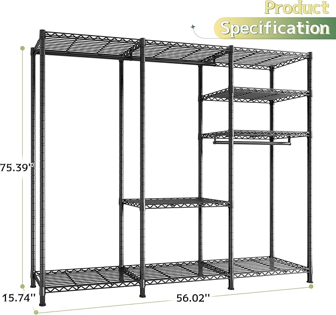 Raybee Heavy Duty Clothes Rack Load 800 LBS, Adjustable Clothing Racks for Hanging Clothes, Clothing Rack with Shelves for Bedroom,Basement 56''W x 15.7''D x 75.4''H, Black