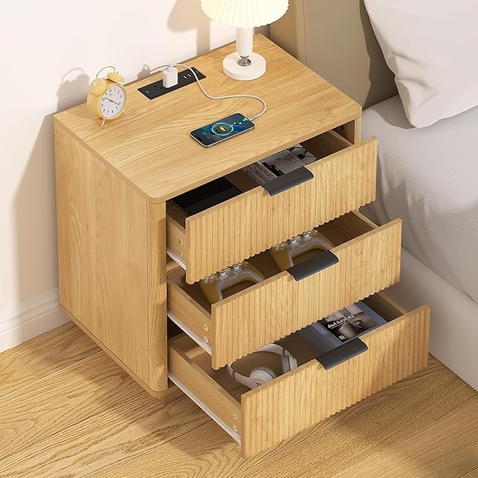 HOMMPA 24'' Fluted Nightstand with Charging Station, Modern Bedside Table with Storage, 3 Drawer End Table with Metal Handle, Wooden Bedside End Table for Bedroom, Living Room, Curved Profile Design