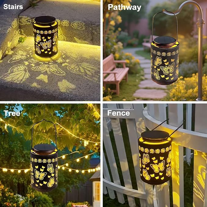Upgraded Butterfly Solar Lights for Outside Garden Decor, Hanging Solar Lanterns Outdoor Waterproof Metal Butterfly Decorations for Patio, Yard, Pathway, Porch, Birthday Gifts for Women