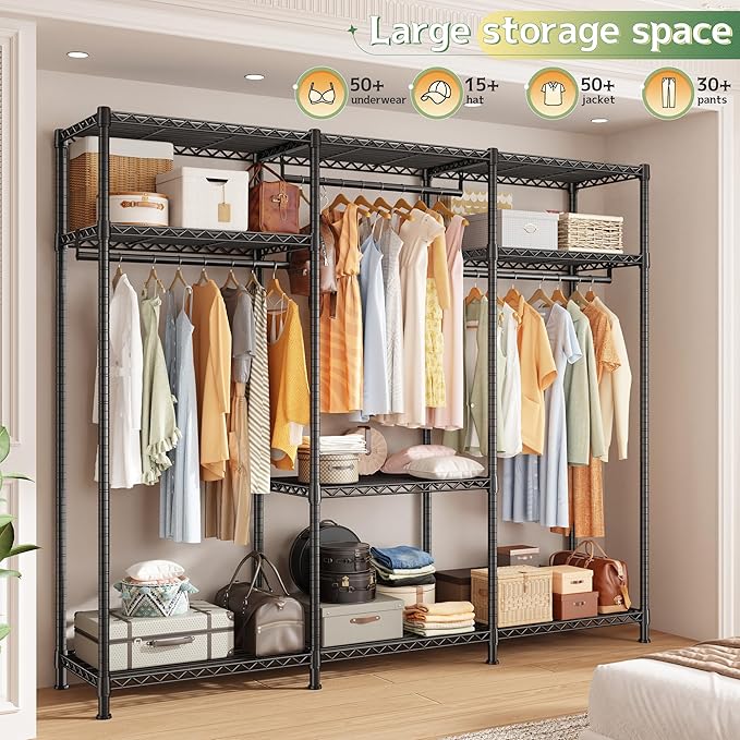 Raybee Heavy Duty Clothes Rack Load 800 LBS, Adjustable Clothing Racks for Hanging Clothes, Clothing Rack with Shelves for Bedroom,Basement 56''W x 15.7''D x 75.4''H, Black