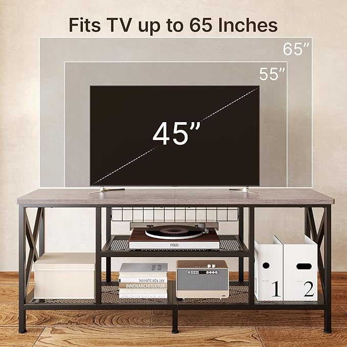 Gizoon TV Stand for 55-65 Inch TVs, 3-Tier Industrial Media Entertainment Center with Open Shelves, Metal Frame, 59.8'' Solid Wood Table top for Living Room, Bedroom, Office, Grey