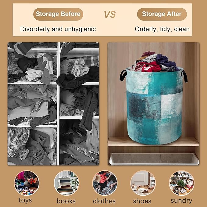 Laundry Hamper,Art Painting Laundry Basket,Grey Blue Waterproof Oxford Cloth Storage Basket with Handle for Clothes Books Nursery Home Storage Sundries 16"x20"