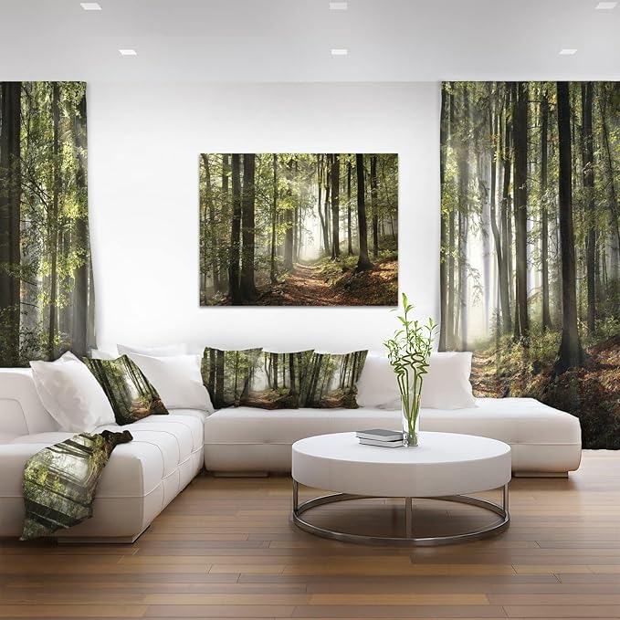 DesignArt Oversized Canvas Wall Art Décor - Green Fall Forest with Sun Rays - Forest Nature Wall Art Decor Sunshine Through Forest and Road Canvas Pictures - 30" x 40"