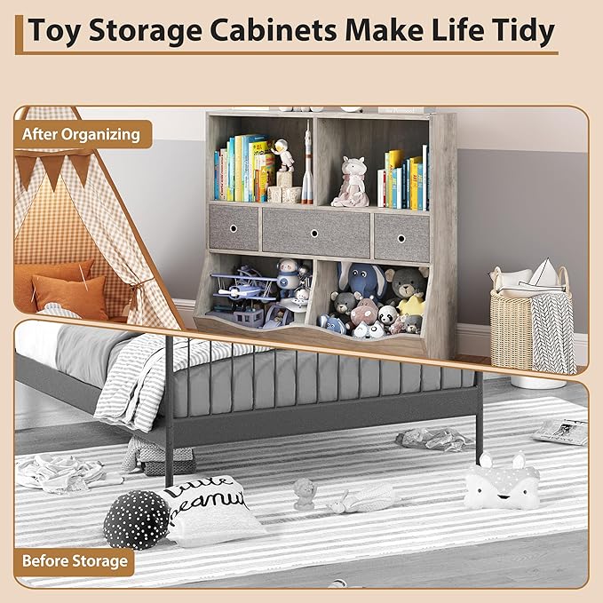 7-Cubby Large Kids Toy Storage Organizer, Children Wood Bookcase and Bookshelf, 3-Tier Toy Storage Cabinet with 3 Drawers for Hallway, Playroom, Living Room, School,Gray