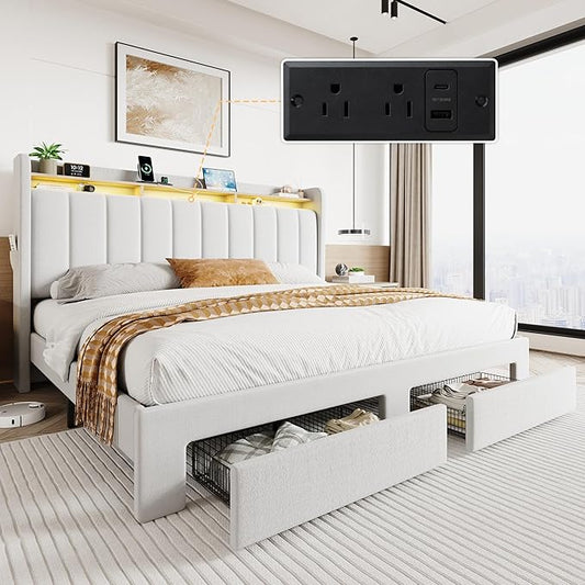 SHA CERLIN Velvet King Size Bed Frame with Vertical Channel Tufted Wingback Headboard & 2 Storage Drawers/2-Tier Shelves with LED Lights & Charging Station/Noise-Free/No Box Spring Needed/White