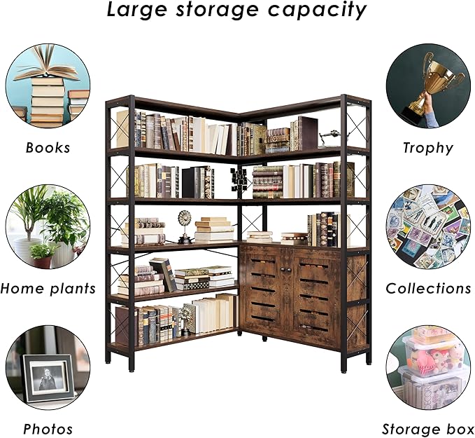 Corner Bookshelves and Bookcases Industrial Corner Etagere Bookcase L Shaped Shelf 6 Tiers with Metal Frame for Living Room Home Office