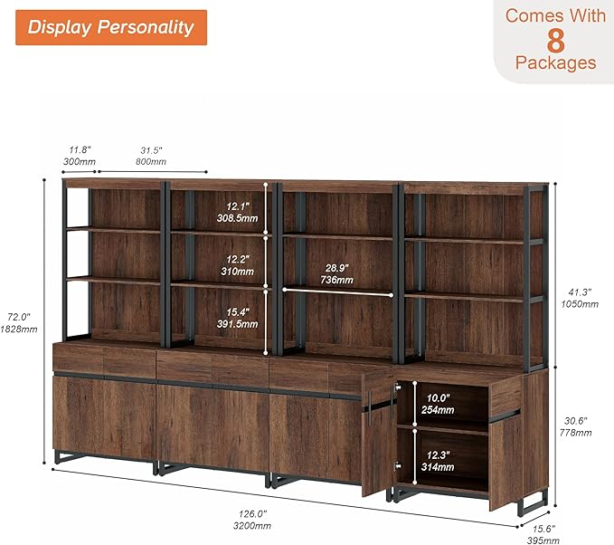 WAMPAT 4 PCS Modern 72" Tall Bookcases with Metal Base and Adjustable Shelves, Library Book Shelf with Storage Cabinet and Open Book Shelfs, Wood Bookshelves for Home Office, Living Room, Brown