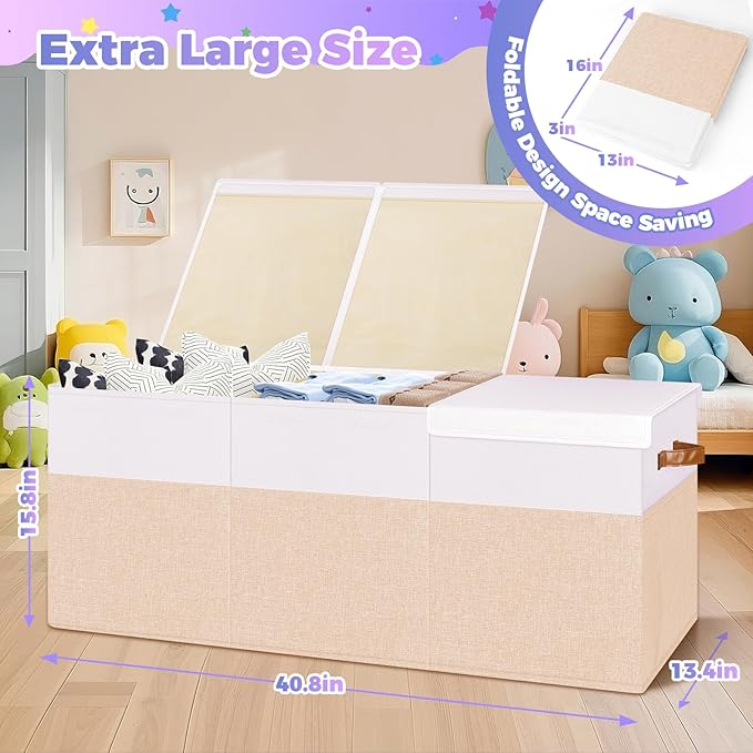 Extra Large Toy Storage Box with Lid, Collapsible Sturdy Toys Chest Storage Organizer Bin Basket with Divider for Kids, Boys, Girls, Closet, Playroom, Bedroom, Nursery, 40"X14"X16", Beige & White