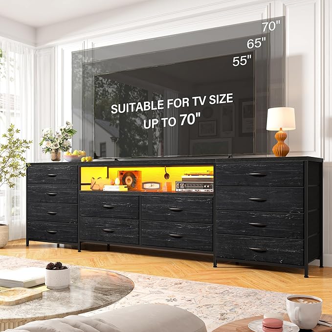 Fits 65,70 inch TV Stand Dresser 63" W TV Console for Bedroom with LED Lights & Power Outlets Black Chest of Drawers with 12 Long Fabric Dressers for Bedroom, Hallway or Closets Entertainment Center