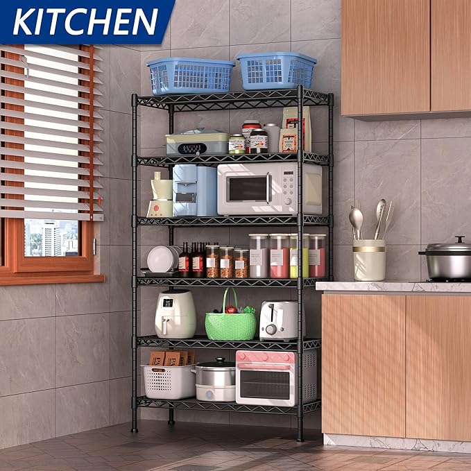 6-Shelf Adjustable Heavy Duty Storage Shelving Unit, Metal Organizer Wire Rack for Laundry Bathroom Kitchen Pantry Closet No Wheels, Black