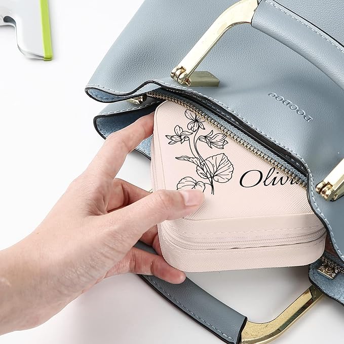 Personalized Jewelry Boxes for Women, Custom Travel Jewelry Case with Name and Birth Flower Month, Portable Jewelry Box Organizer for Mom Birthday Gifts (Non-Customized pink)