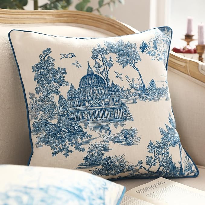 patdrea Designer Square Throw Pillow Covers Set of 2,Rustic Linen with Chinoiserie Blue Scenery Pattern Pillows Cover,Decorative Pillowcases Cushion for Bed Living Room Outdoor Car,18 x18 Inches