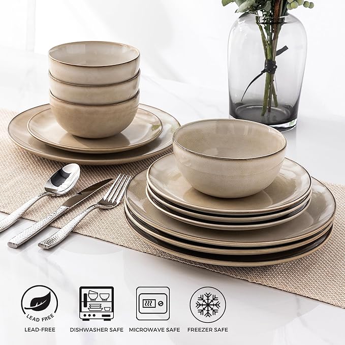 AmorArc Stoneware Dinnerware Sets for 6, 18 Pieces Handpainted Ceramic Plates and Bowls Set, Scratch Resistant Dishes Set, Dishwasher & Microwave Safe, Cappuccino