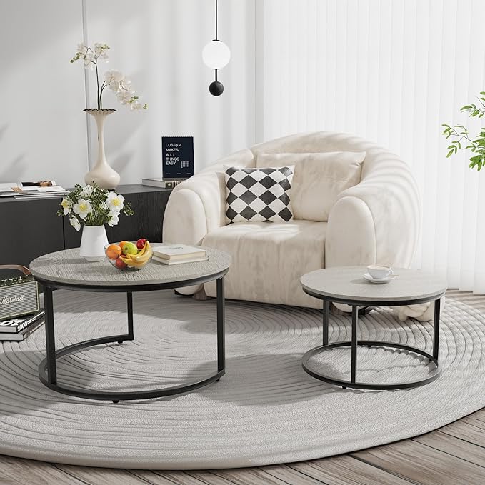 Nesting Tables Set of 2, 31.5" Round Coffee Table, Small Nesting Coffee Table with Adjustable Non-Slip Fee, Wood Grain Top Nesting Tables for Living Room, Bedroom (Wood Grain Grey)