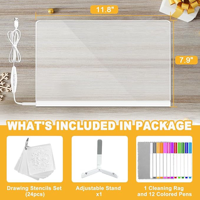 LED Acrylic Message Board, Light Up Acrylic Dry Erase Board with 7-Color Light, LED Note Board with Colors for Kids, Glow Memo Message Writing Board with Light, Drawing Stencils Set Included