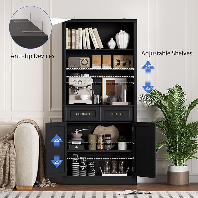 71.4" Tall Bookshelf with Drawers & Cabinet, 5-Tier Floor Standing Bookcase with Storage Doors, Adjustable Shelves & Metal Handles, 31.5" Wide Organizer for Home Office, Living Room