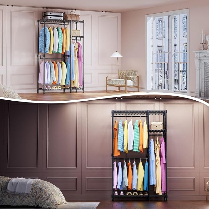 IZEUK Heavy Duty Garment Rack, Closet Organizer and Clothes Rack for Hanging Clothes with 3 Hang Rods, Freestanding Adjustable Metal Wardrobe, 15.7" D x 41.5" W x 76.5" H, Max Load 750LBS, Black
