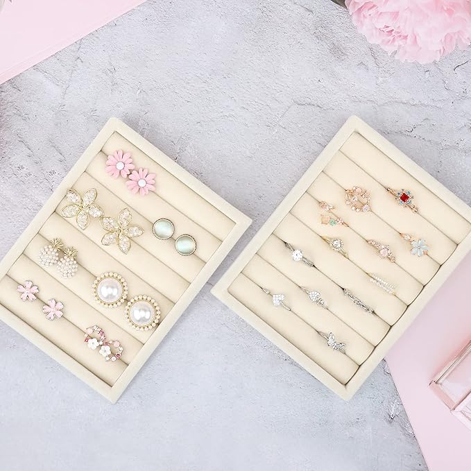 Small Jewelry Tray-Ring Organizer 2PCS Premium Velvet Rings Earrings Display Tray Storage Insert Holder for Jewelry Box, Drawer, Dresser (8 Slots, Beige)