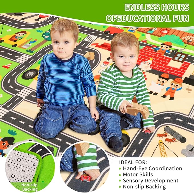 Kids Rug Play Mat for Toy Cars, 59"×39.4" Construction Site Road Traffic for Playroom Kids City Engineering Car Road Play Mat Non-Slip Washable Carpet Toddlers Boys Room Family Playtime