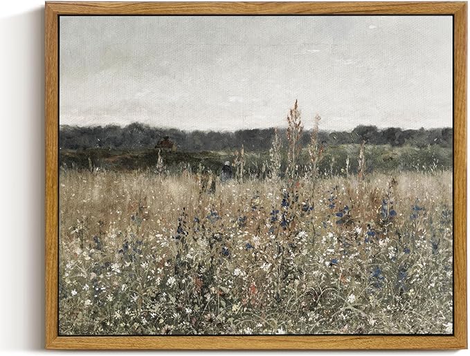 InSimSea Framed Canvas Wall Art, Wildflower Field Canvas Wall Art Paintings, Rustic Landscape Wall Decor for Bathroom Office Dining Room, 9"x11"