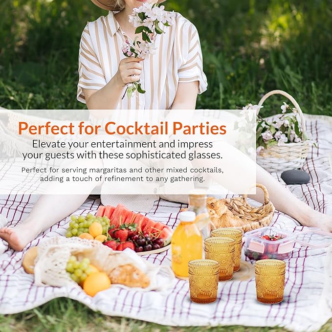 IMPULSE! Tuscan Rocks Glass Set - Amber, Dishwasher Safe, Chic Vintage Style - 8 oz - Ideal for Gin, Mixed Cocktails, Bourbon, Margaritas, Soft Drinks, Beer, Water - Mexican Style Glasses - Set of 4