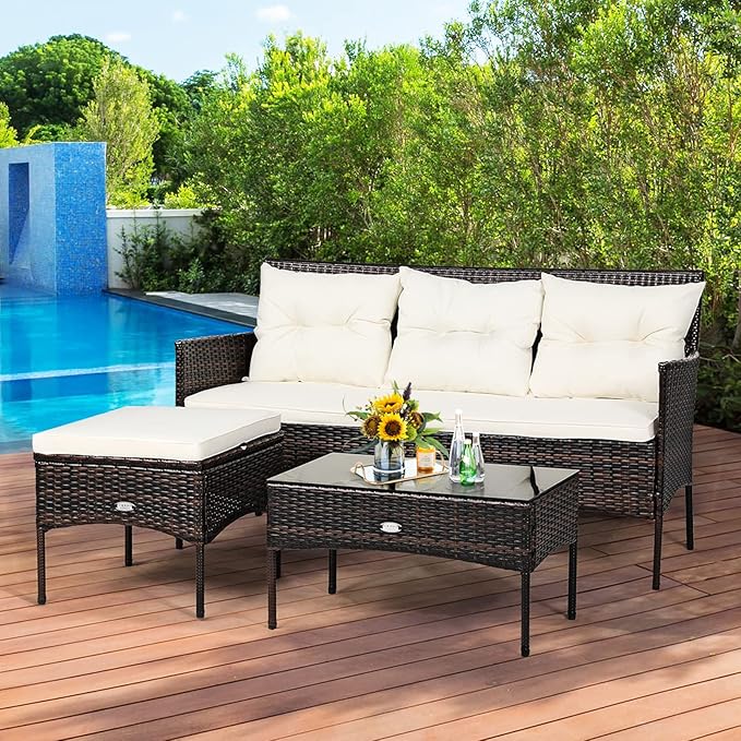 Tangkula 3 Pieces Patio Conversation Set, Outdoor PE Rattan Wicker Furniture Set W/Cozy Cushions, All Weather Sectional Sofa Set W/Tempered Glass Coffee Table for Poolside, Backyard, Garden