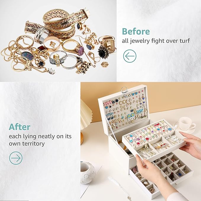 BOOVO Earring Jewelry Box For Women Girl Stud Organizer, 5 Layers Girl Jewelry Organizer Box With Lock Earring Holder Organizer Necklace Ring Jewelry Organizer Box For Girls (White, 5 layer)