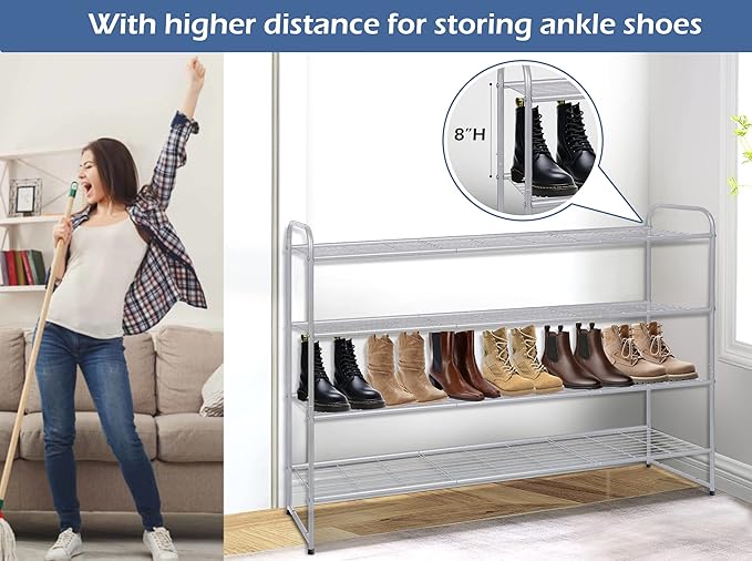 KEETDY 4-Tier Long Shoe Organizer for Closet Floor, Wide Shoe Rack for Closet, Stackable Shoe Rack for Entryway Metal Shoe Shelf for 30 Pairs Men Sneakers with Wire Grid for Bedroom, Grey