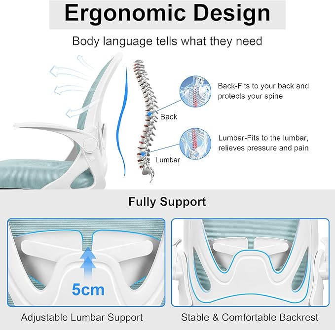 Primy Office Chair Ergonomic Desk Chair with Adjustable Lumbar Support and Height, Swivel Breathable Desk Mesh Computer Chair with Flip up Armrests for Conference Room（Light Blue）