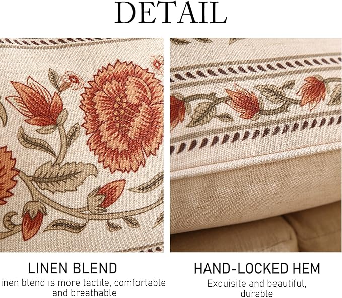 Design Linen Rectangle Vintage Throw Pillow Covers 12"x20" Pack of 2, Brick Red Cushion Covers with Orange Floral Green Leaves Pattern Decor Pillowcases for Bed,Living Room,Outdoor,Car